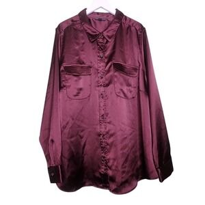 Alfani Satin Button Up Shirt Burgundy Long Sleeve Pockets Preppy Office 3X